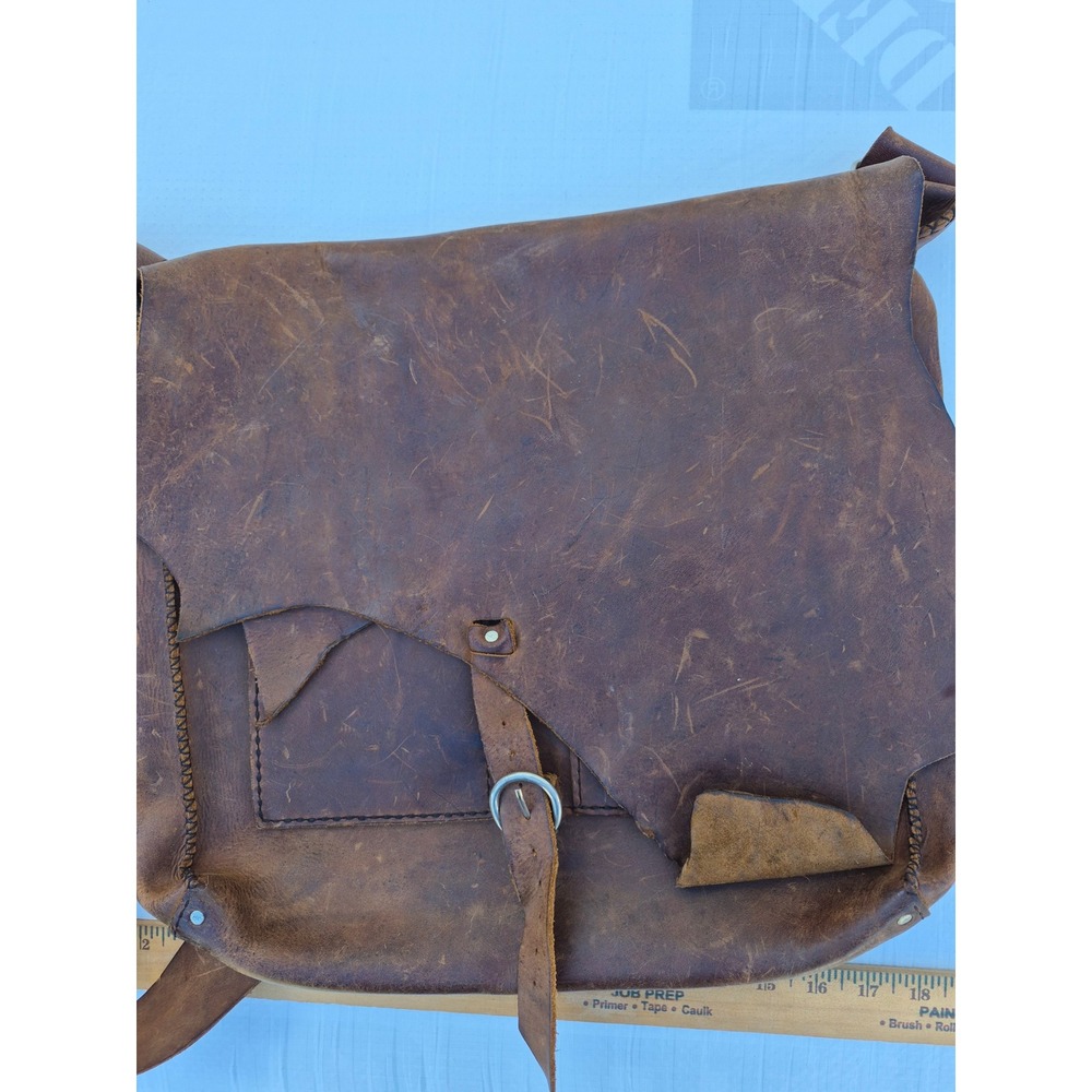 Vintage 1970s Raw Edge Leather Messenger Bag Rustic Boho Crossbody Satchel Mail